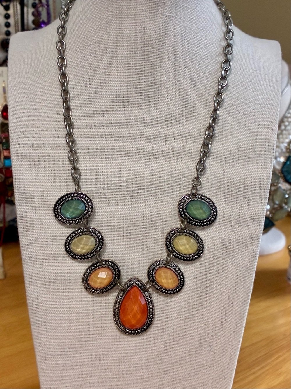 Multicolor Teardrop Statement Necklace - Orange, Green & Cream Stones